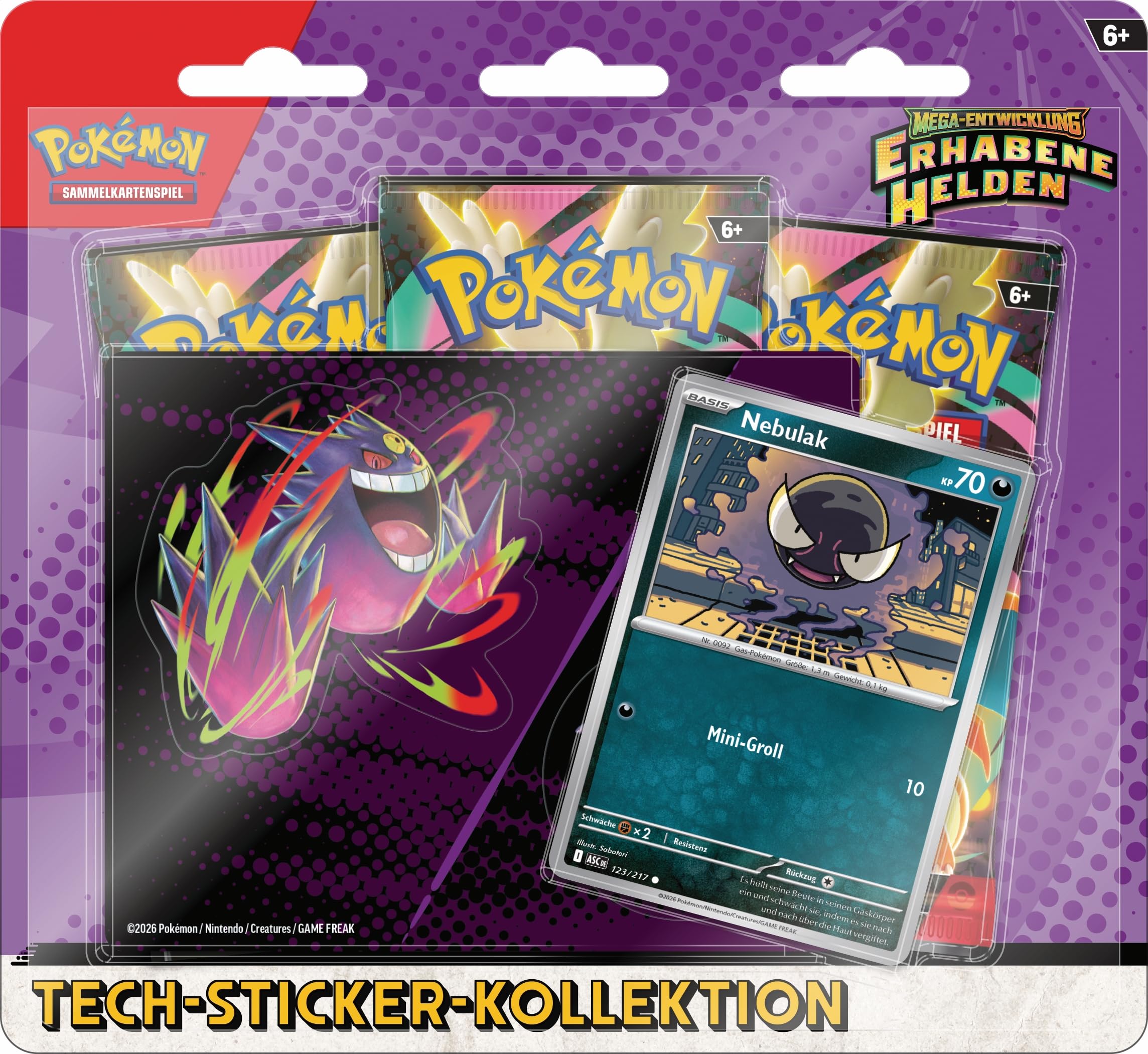 Pokémon-Sammelkartenspiel: Tech-Sticker-Kollektion Mega-Entwicklung – Erhabene Helden: Nebulak (1 holografische Promokarte und 3 Boosterpacks)
