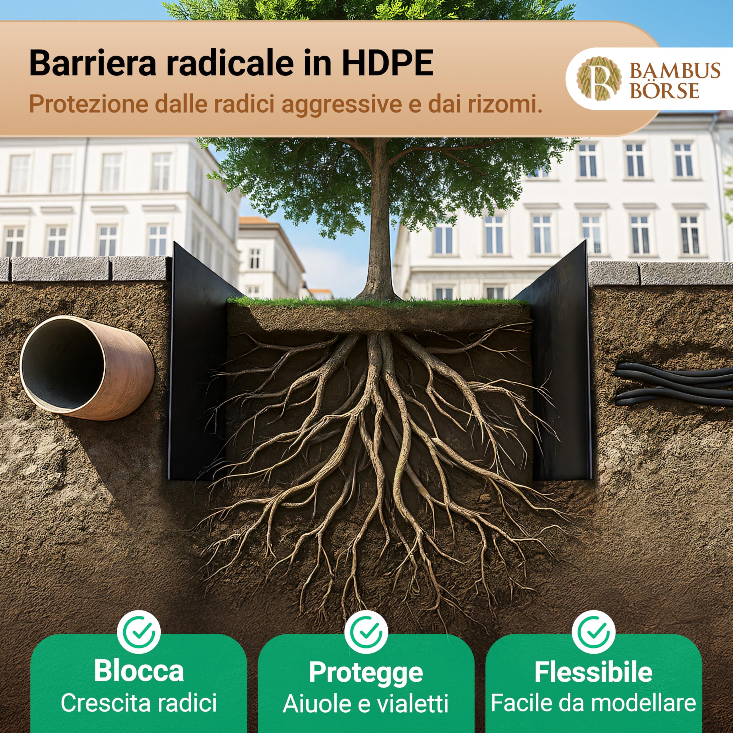Barriera per Radici - Barriera per rizomi con Binario di bloccaggio Alta 70 cm, Spessa 2 mm, Lunga 20 m - Realizzata in HDPE di Alta qualità - Barriera per rizomi di bambù