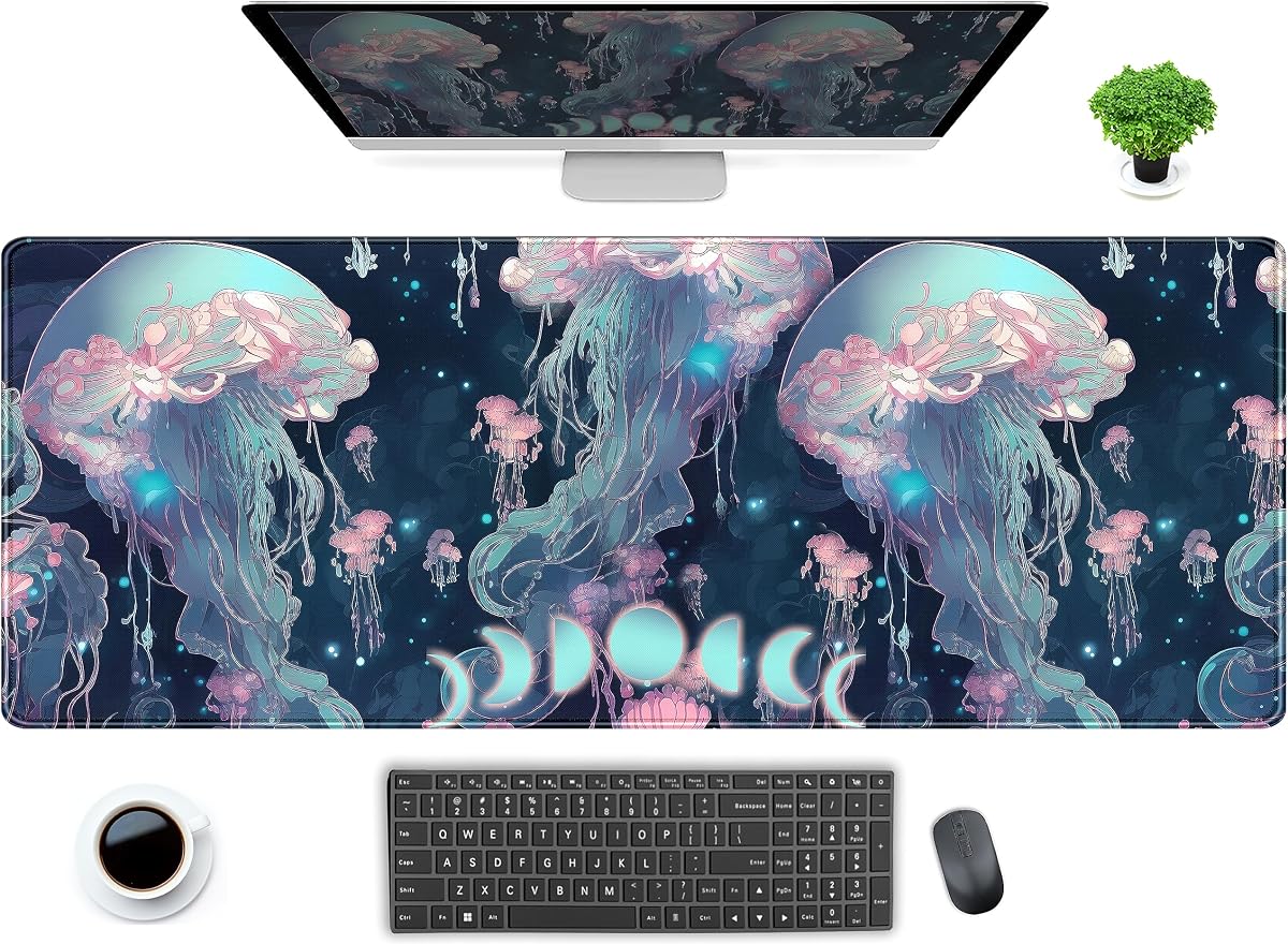 DCJJM Alfombrilla de Escritorio Anime Jellyfish Neon Blue XL Alfombrilla de ratón para Juegos Ocean Moon Alfombrilla para Teclado de computadora 80 x 30 cm Protector de Escritorio para Mujer con Bordes Cosidos