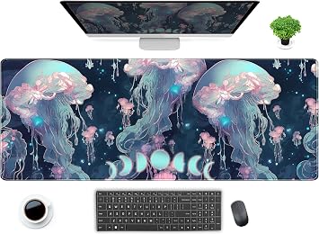 Anime Denizanası Masa Matı Neon Mavi XL Büyük Genişletilmiş Oyun Mouse Pad Sevimli Okyanus Ay Paspasları Bilgisayar Dizüstü Bilgisayar Klavye Mouse Mat Masa Pedi 80 x 30 cm, Dikişli Kenarları Olan