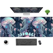 DCJJM Anime Desk Mat Jellyfish Neon Blue XL Mouse Pad Gaming Ocean Moon Computer Keyboard Pad 80x30cm Women Desk Protector Stitched Edges