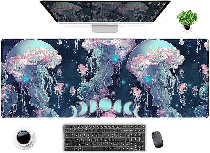DCJJM Anime Jellyfish Desk Mat Neon Blue XL Large Extended Gaming Mouse Pad Cute Ocean Moon Mats Computer Laptop Keyboard Mouse Mat Desk Pad 31.5x11.8 in, Desktop Protector Women w/ Stitched Edges - Neon Blue Jellyfish - 31.5" x 11.8"