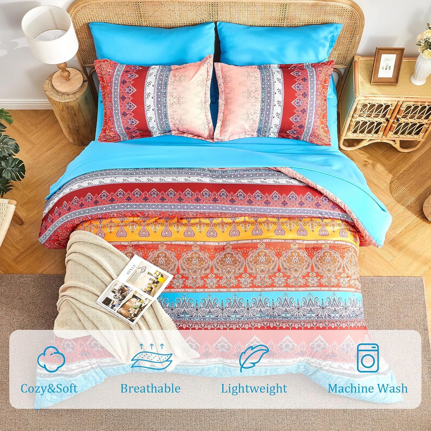 Boho Comforter Set Queen - 7 Pieces Bed in a Bag, Bohemian Striped Comforter Set with Sheets, Soft Microfiber Colorful Floral Bedding Set for All Season - Image 2