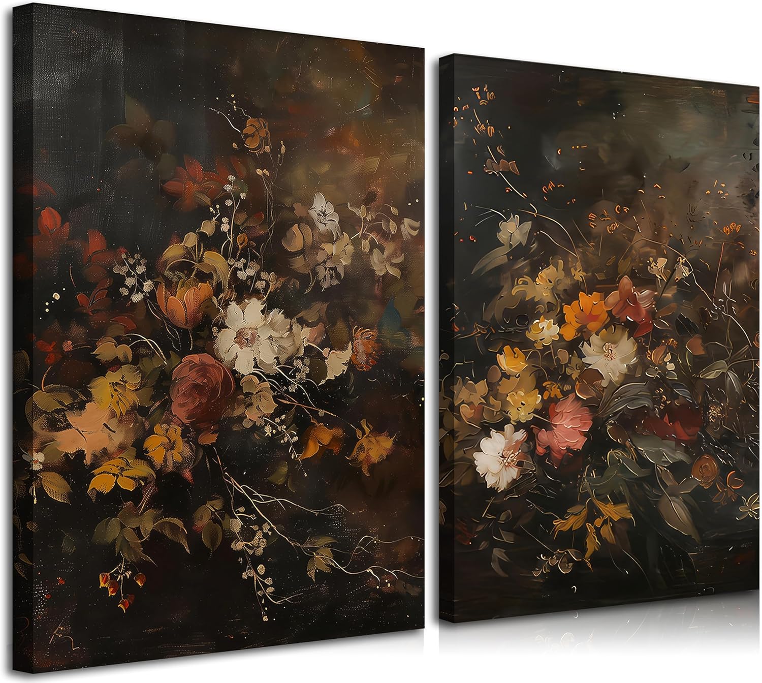 2Pcs Vintage Fall Floral Canvas Wall Art Dark Autumn Flower Painting Pictures Wall Decor Moody Botanical Poster Prints for Living Room Bedroom Bathroom Office Home Decoration 16x24Inch
