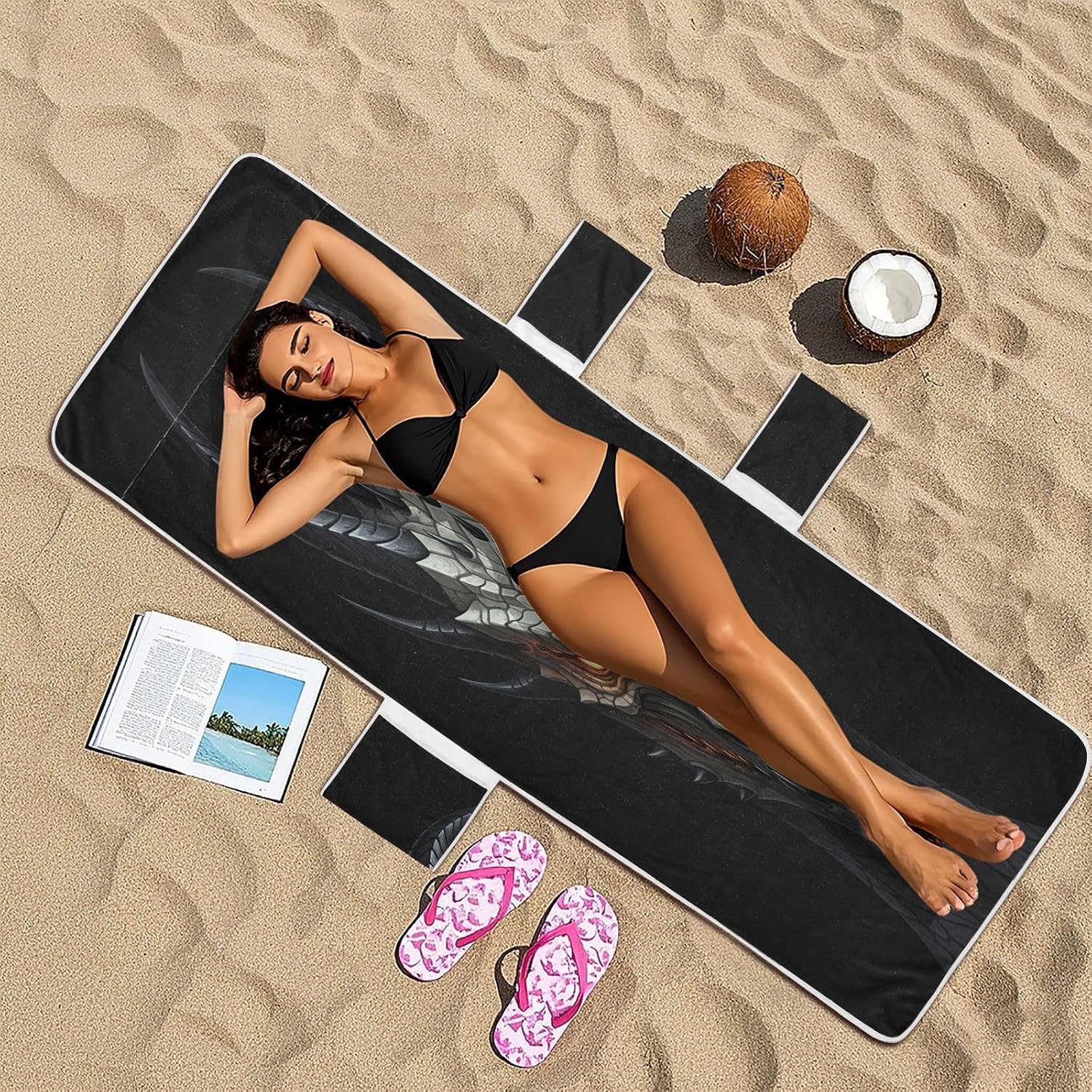 Dragon Lounge Chair Towel Cover with Side Pockets – 85x30in Foldable Chaise Cover for Beach, Pool, Patio, Spa