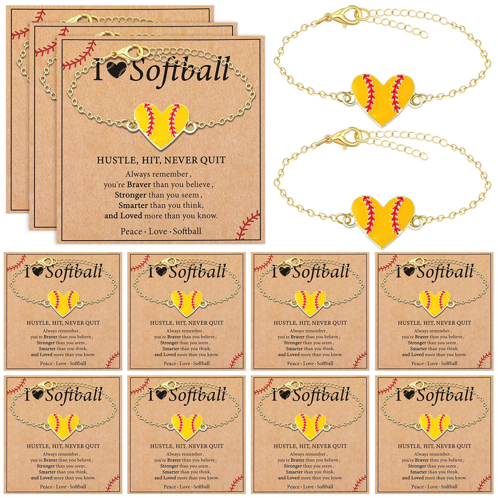 Landical 12 Set Softball Team Gift Bulk Gold Softball Heart Bracelets with Gift Card for Women Sport Lover Player Party Favor