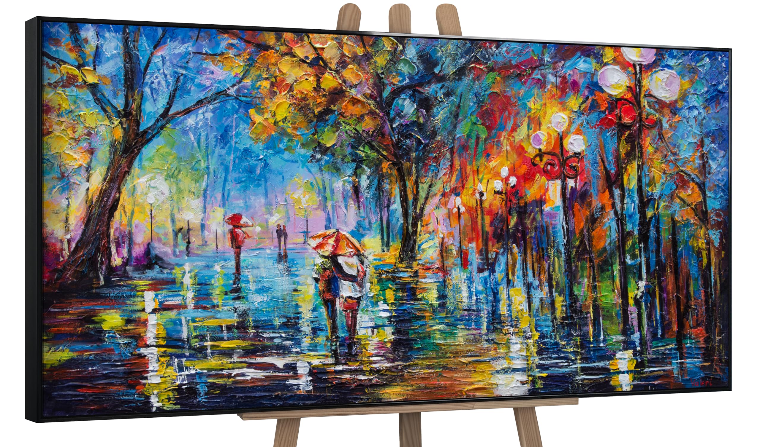 YS-Art Original Handmade Painting – Colorful City Rain Scene with Couple and Umbrella, Wall decoration framed art Home Office Decor 48x24 inch