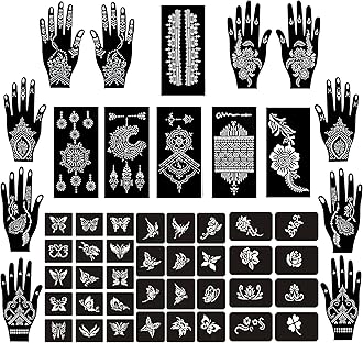 PADOUN Temporary Tattoo Stencils Kit - 19 Sheets Butterfly, Flower, and Henna Stencils for Hands Body Paint, Glitter, Airbrush, and DIY