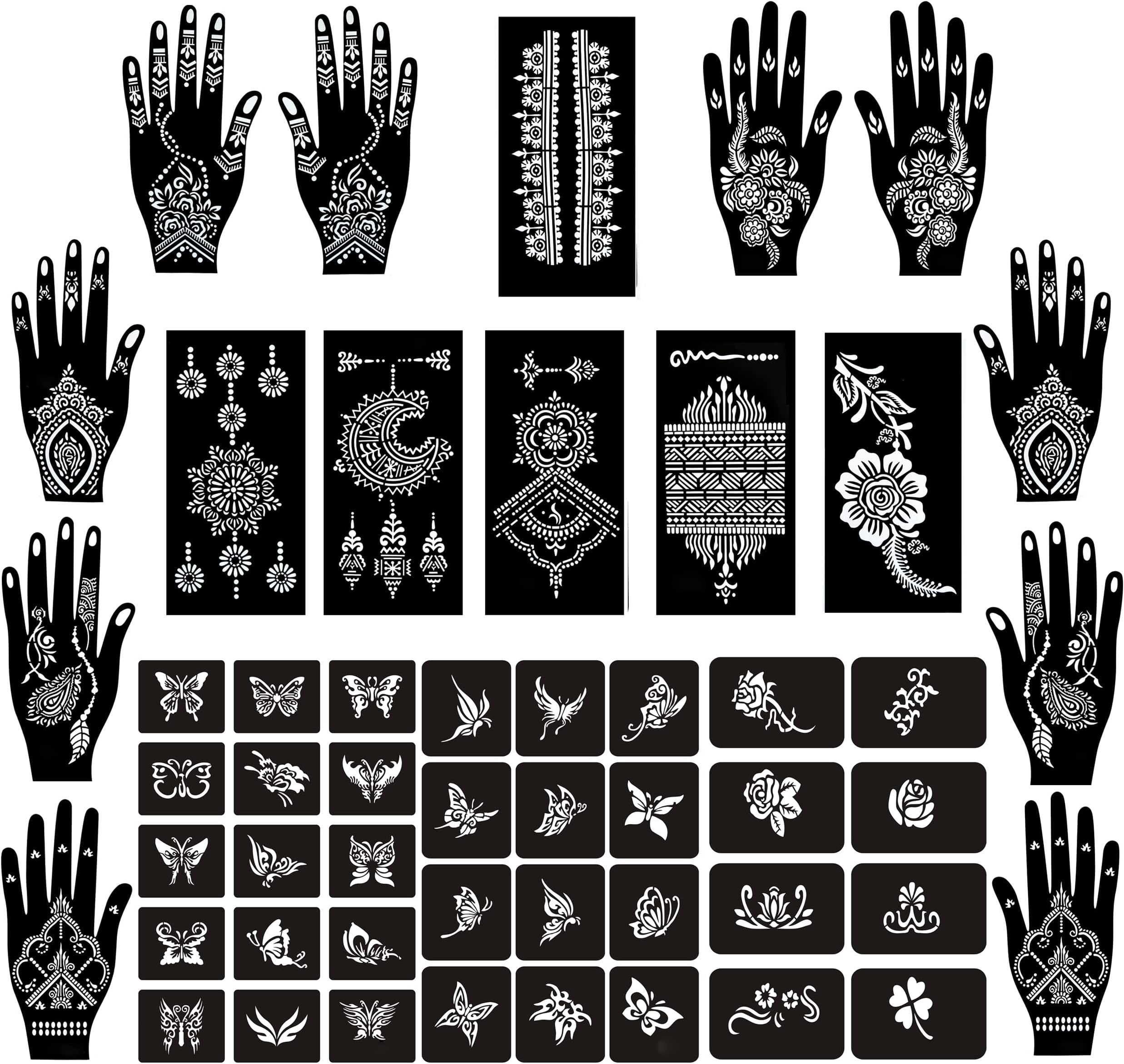 PADOUN Temporary Tattoo Stencils Kit - 19 Sheets Butterfly, Flower, and Henna Stencils for Hands Body Paint, Glitter, Airbrush, and DIY