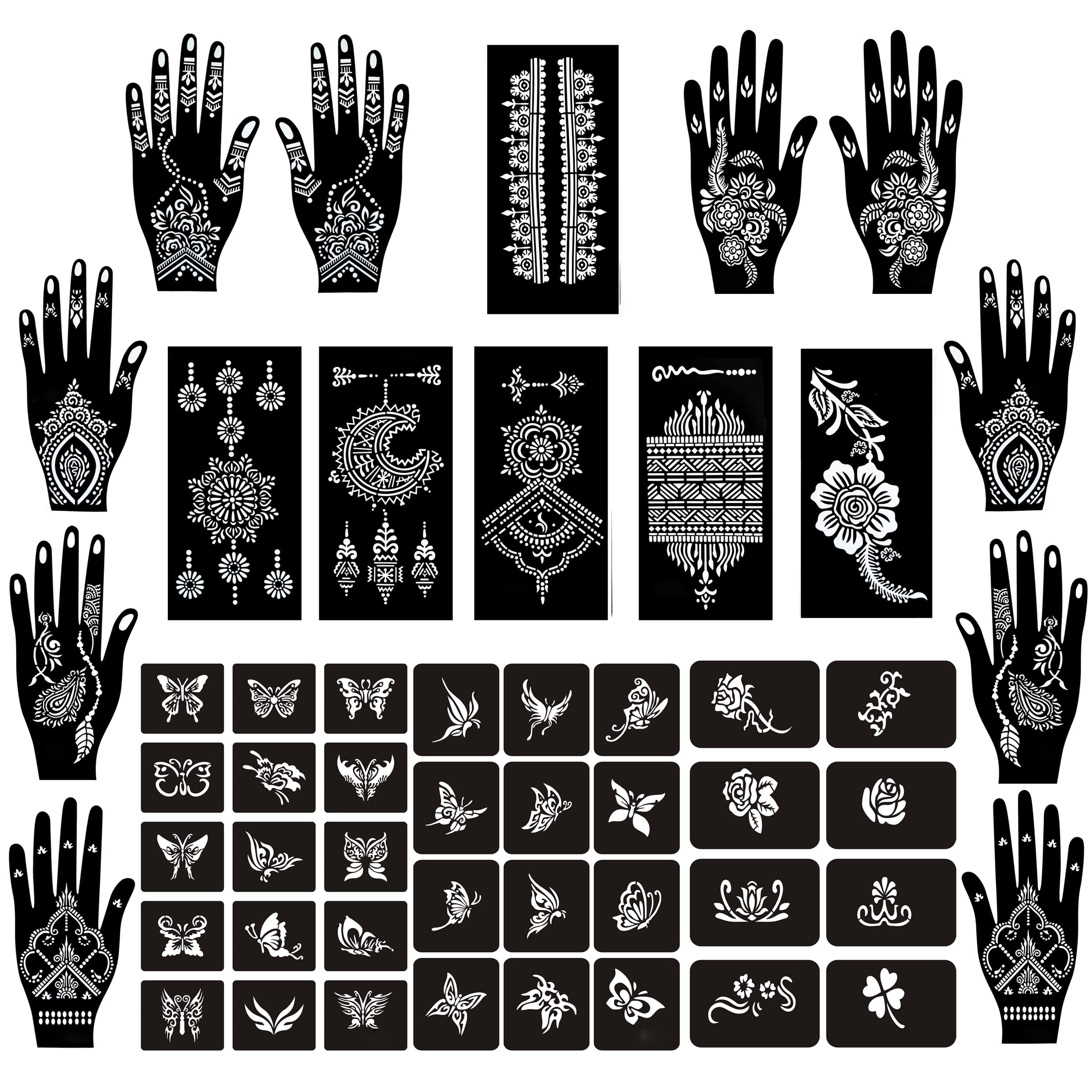 Temporary Tattoo Stencils Kit - 19 Sheets Butterfly, Flower, and Henna Stencils for Hands Body Paint, Glitter, Airbrush, and DIY