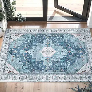 SERISSA Boho Rugs for Entryway, 2x3 Blue Entryway Rug Non-Slip Washable Small Area Rug, Ultra Soft Oriental Vintage Low-Pile Indoor Door Mat Floor Carpet for Entrance Bedroom Kitchen Bathroom