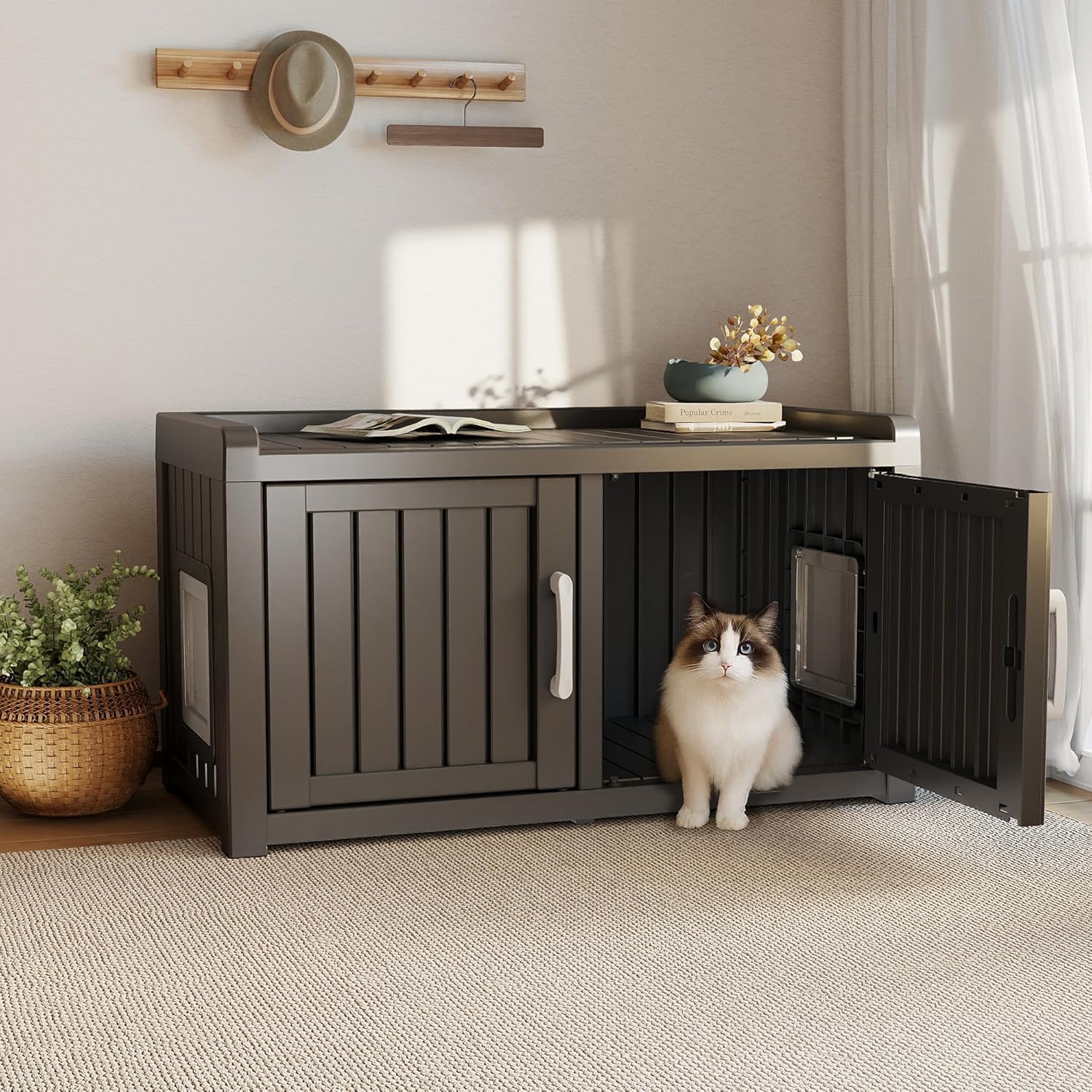 Hidden Cat Litter Box Enclosure, Litter Box Enclosure Furniture with Double Door, Sturdy Resin Scratch-Resistant Cat House, Storage Bench All-Wearther for Indoor Use Against Walls (Black)