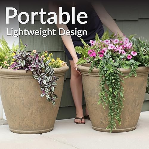 Miniatura 4 de Sunnydaze Decor 24-Pulgadas Anjelica Maceta Grande de Plástico para Plantas - Macetero Redondo de Poliresina para Exteriores con Orificios de