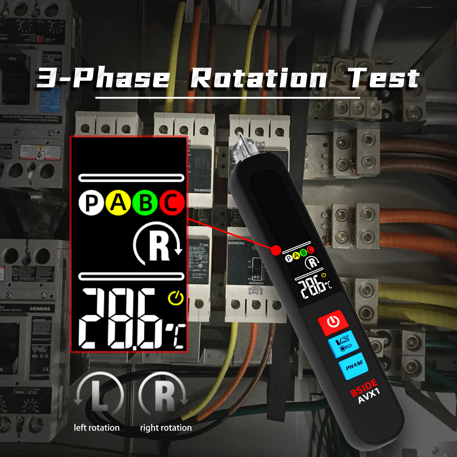 Image of BSIDE Voltage Tester, Non-Contact with 3-Phase Rotation Indicator & Signal Percentage, Rechargeable AC Electrical Voltage Detector Pen, High /Low Sensitivity with 6 Ranges, 3-Mode Alarm with Analog Bar
