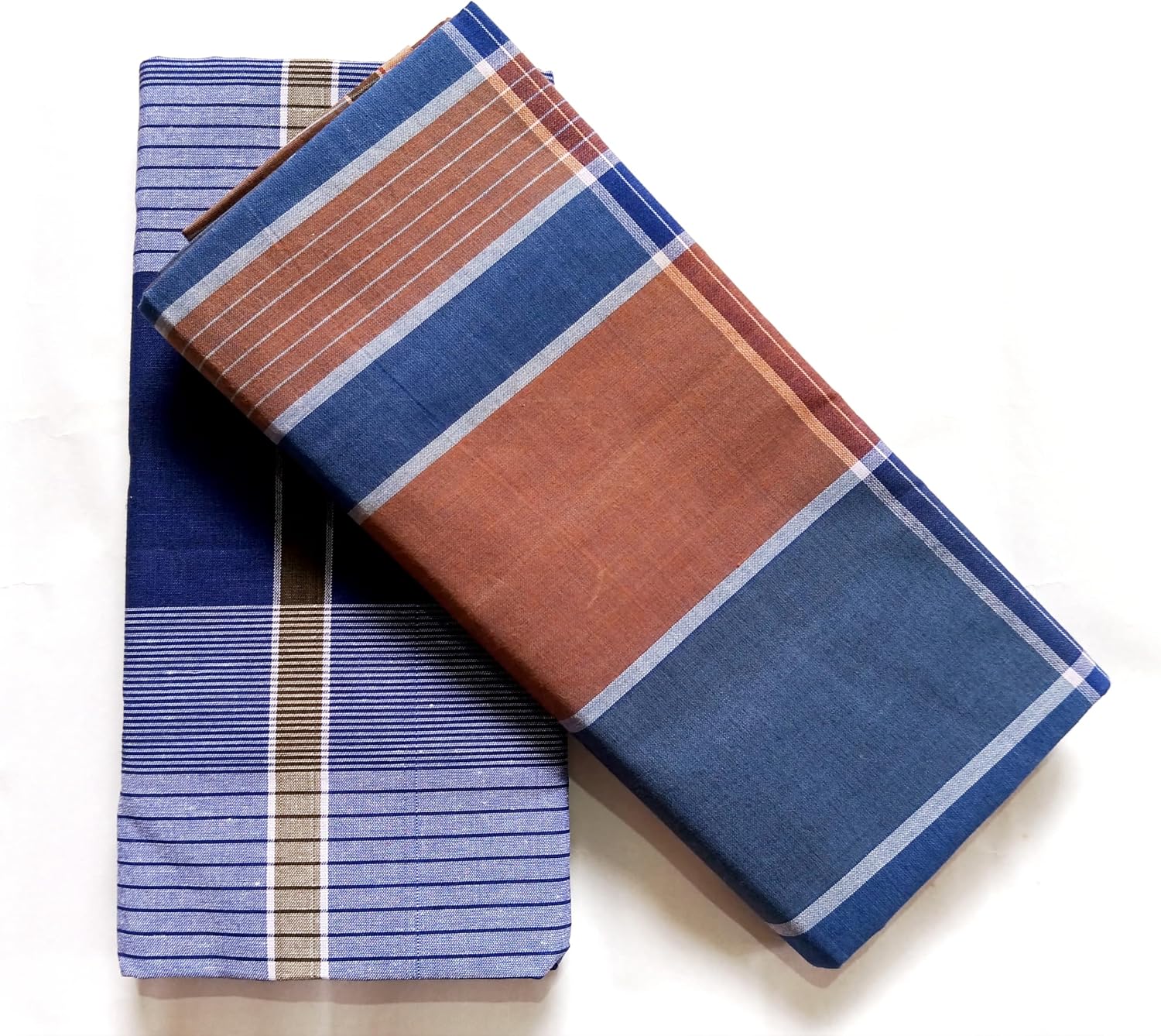 Premium Cotton Stitched Lungi, Traditional Chennai Handloom, 2.10 Meters, Blue and Purple Stripes, Pack of 2