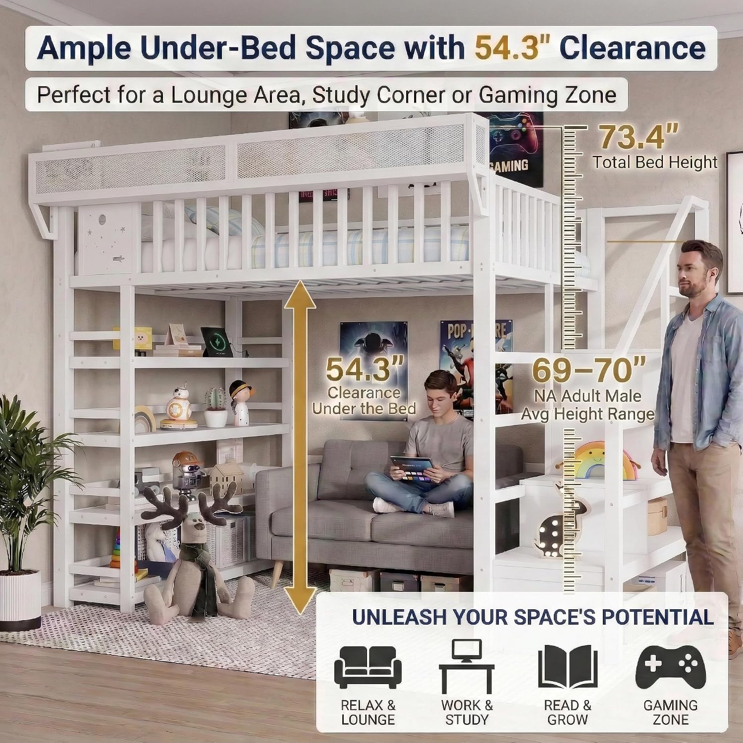 Full Size Loft Bed with Stairs and Storage Rack, Metal Gaming Loft Beds with LED and Charging Station, High Loft Bed with Upper Shelf & Tall Guardrails for Kids Teens, Adults, White