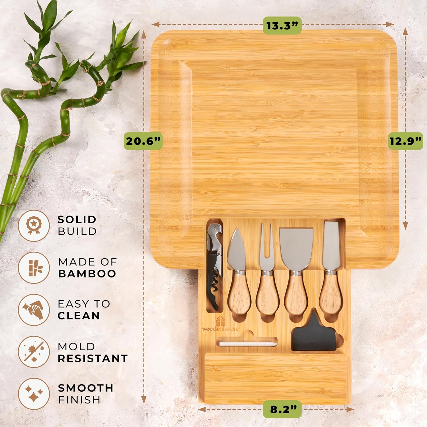 Woodenhouse Bamboo Charcuterie Boards Gift Set - Meat and Cheese Tray with Utensils Included - Bamboo Cheese Platter - House Warming Gifts New Home Couples & Family, Wedding Gifts