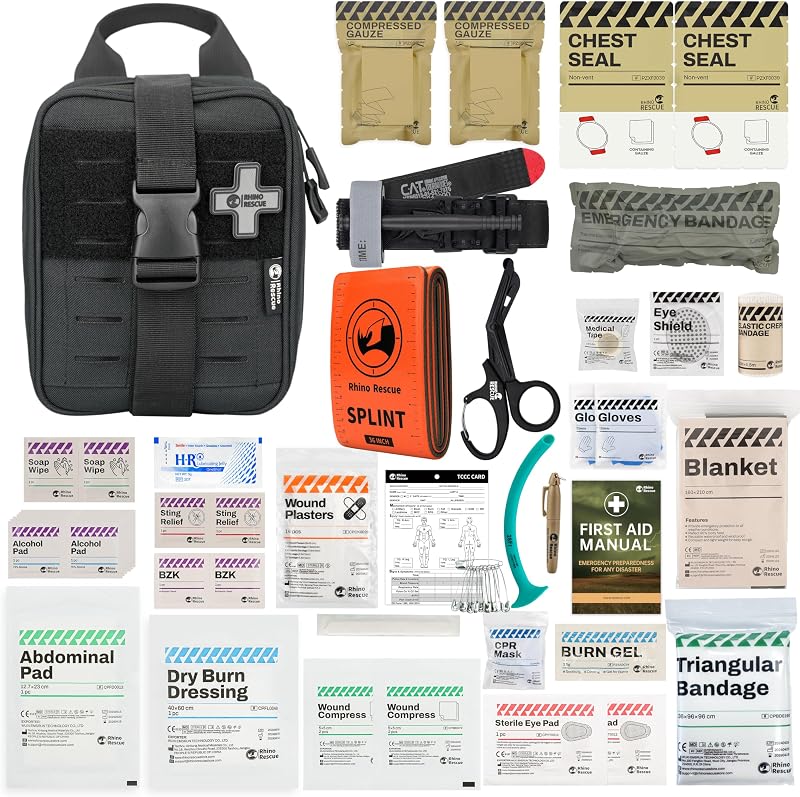 RHINO RESCUE IFAK Trauma Kit Pro with CAT Tourniquet (Black) | TCCC Compliant, Combat-Proven, Tactical Molle Pouch, Professional First Aid Kit, Military Medical Kit, HSA/FSA Approved