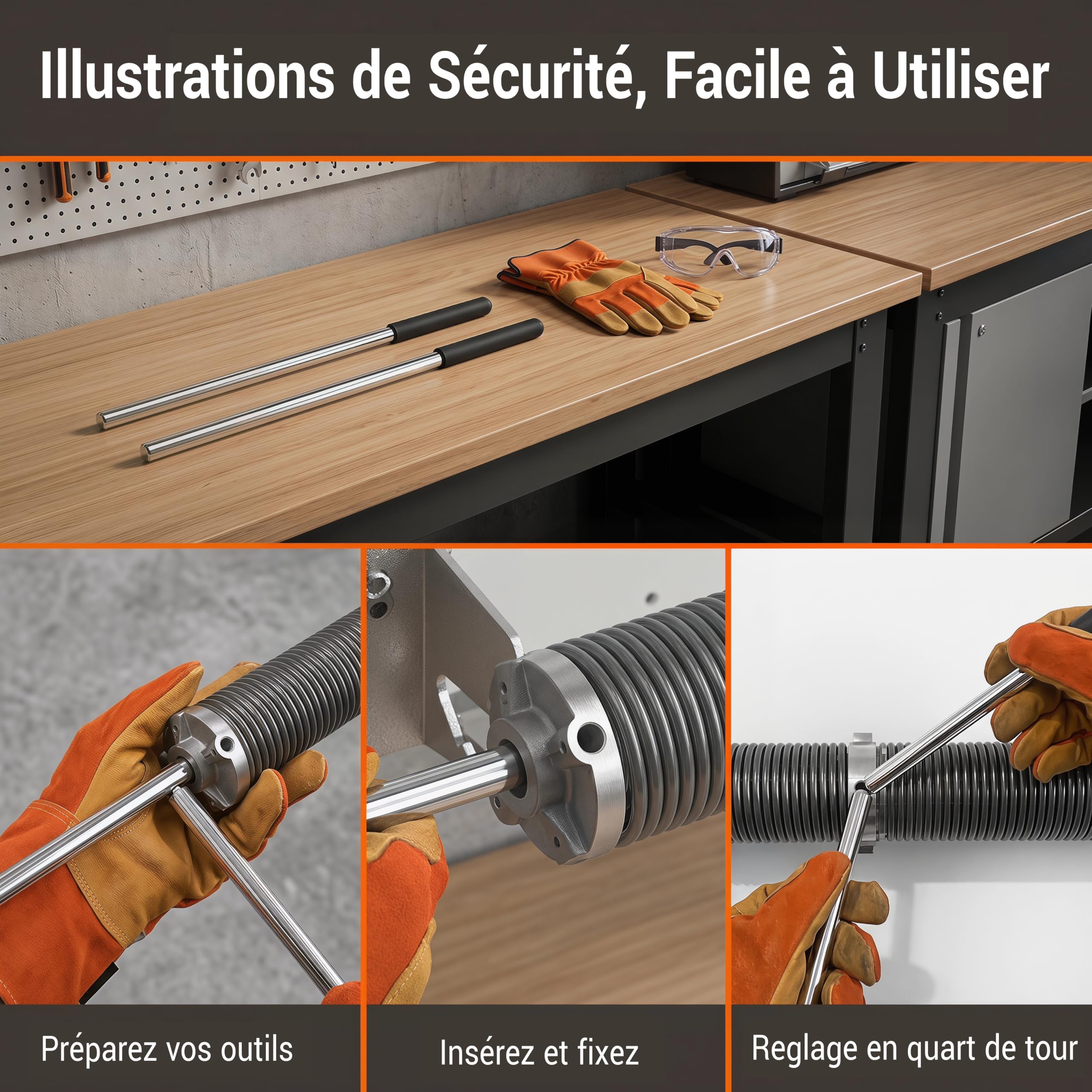 Baoblaze Lot de 2 barres d'enroulement à ressort de torsion pour porte de garage, poignée en caoutchouc, diamètre de 0,5 pouce, acier massif