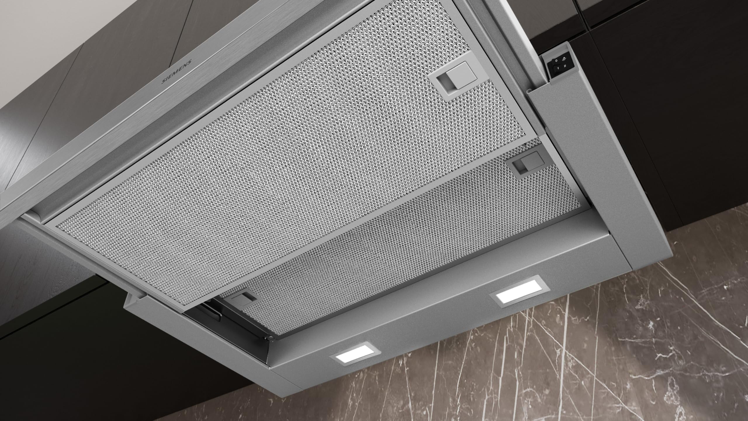 Siemens LI63LB526 iQ100 Hotte plate à encastrer 60 cm, fabriquée en Allemagne, éclairage LED, puissante, évacuation de l'air, filtre à graisse en métal, passe au lave-vaisselle, interrupteur à bascule