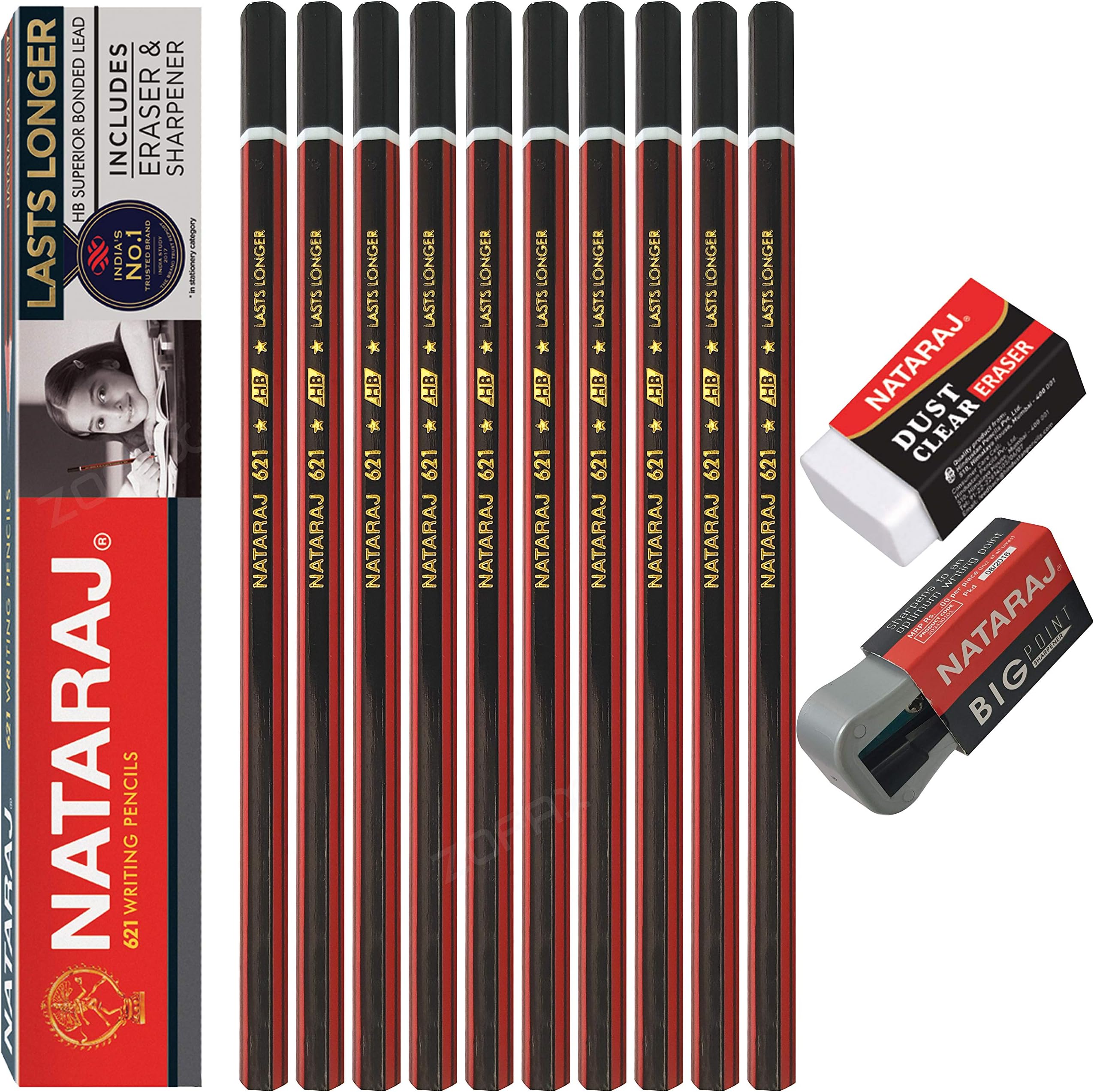 NATARAJ Tradition 621 Writing Hexagonal 10 Pencils With Eraser and Sharpener