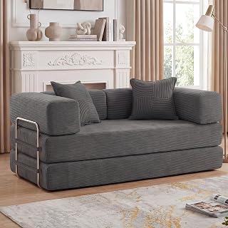 Convertible Sleeper Sofa Bed, 63" Boneless Futon Couch, Corduroy Loveseat with Fixed-Shape Frame, 5-in-1 Folding Floor Sofa Bed, Convertible Modular Couch for Living Room Bedroom Lounge, Grey