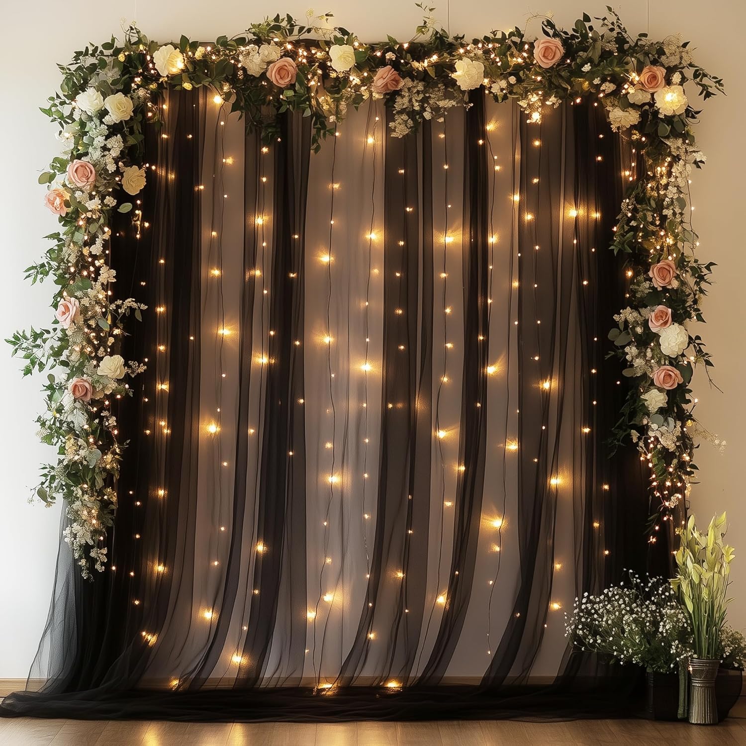 Tulle Backdrop Curtain with Lights String 20 X 8FT White Sheer Tulle Backdrop Curtains for Wedding Birthday Party Reception Photo Booth Background Decorations (4 Panels 5x8FT)