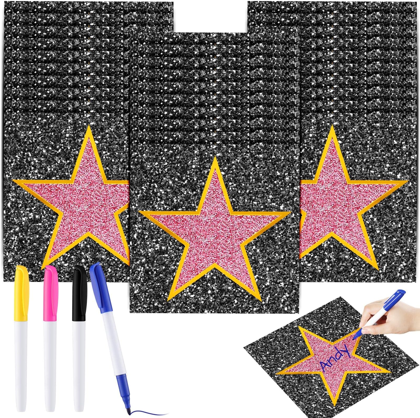 Chivao 26 Sheets Movie Night Bulletin Board Classroom Star Decor 11 Inches Large Red Carpet Movie Star Stickers with Pens DIY Classroom Bulletin Board Decor for Welcome School Chalkboard Wall