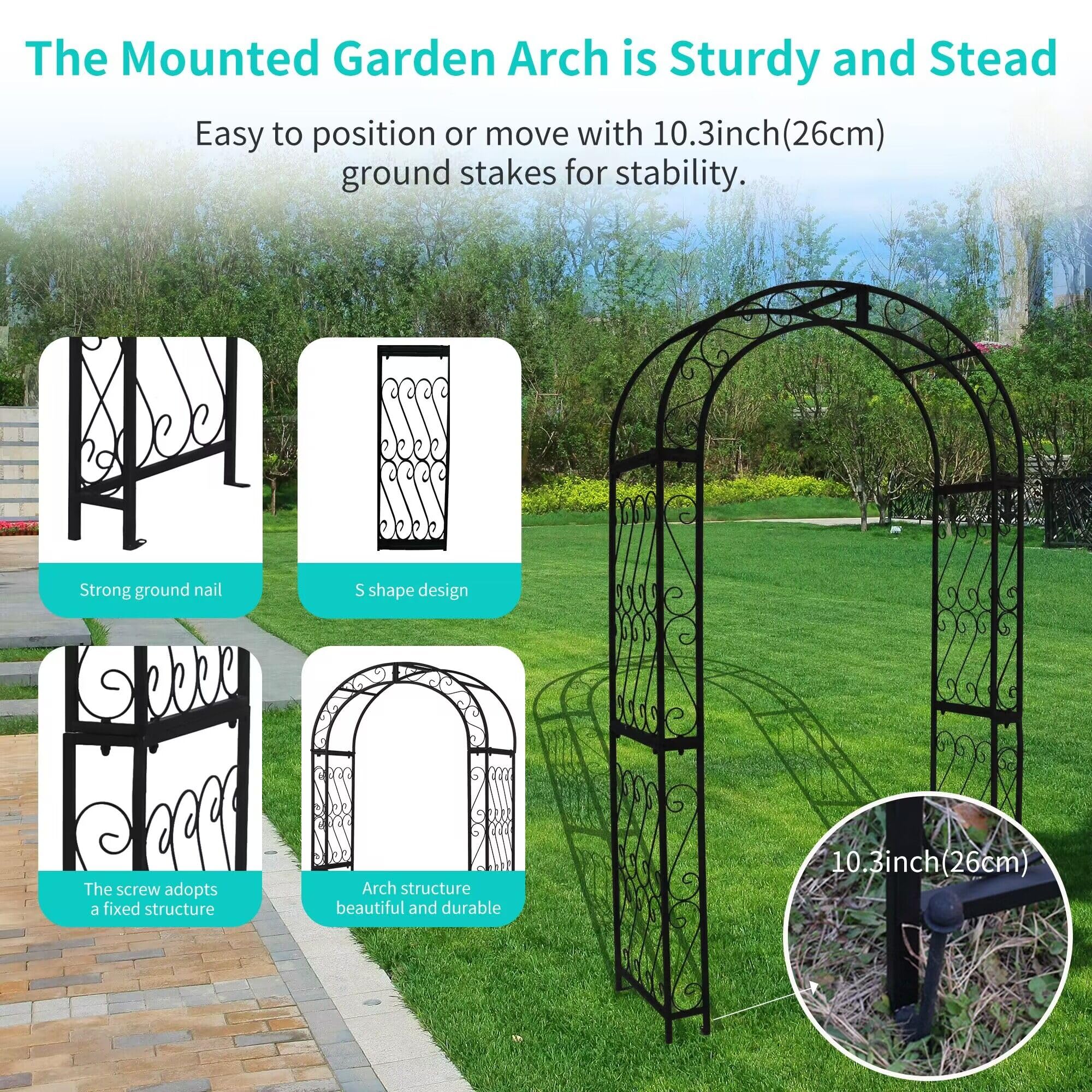 124 cm x 47cm x 212 cm Gartenbogen, Schwarzer robuster Metall-Eisen-Bogen, Innenhof-Gussgitter für Verschiedene Kletterpflanzen, Outdoor-europäischer Torbogen für Hochzeitszeremonie
