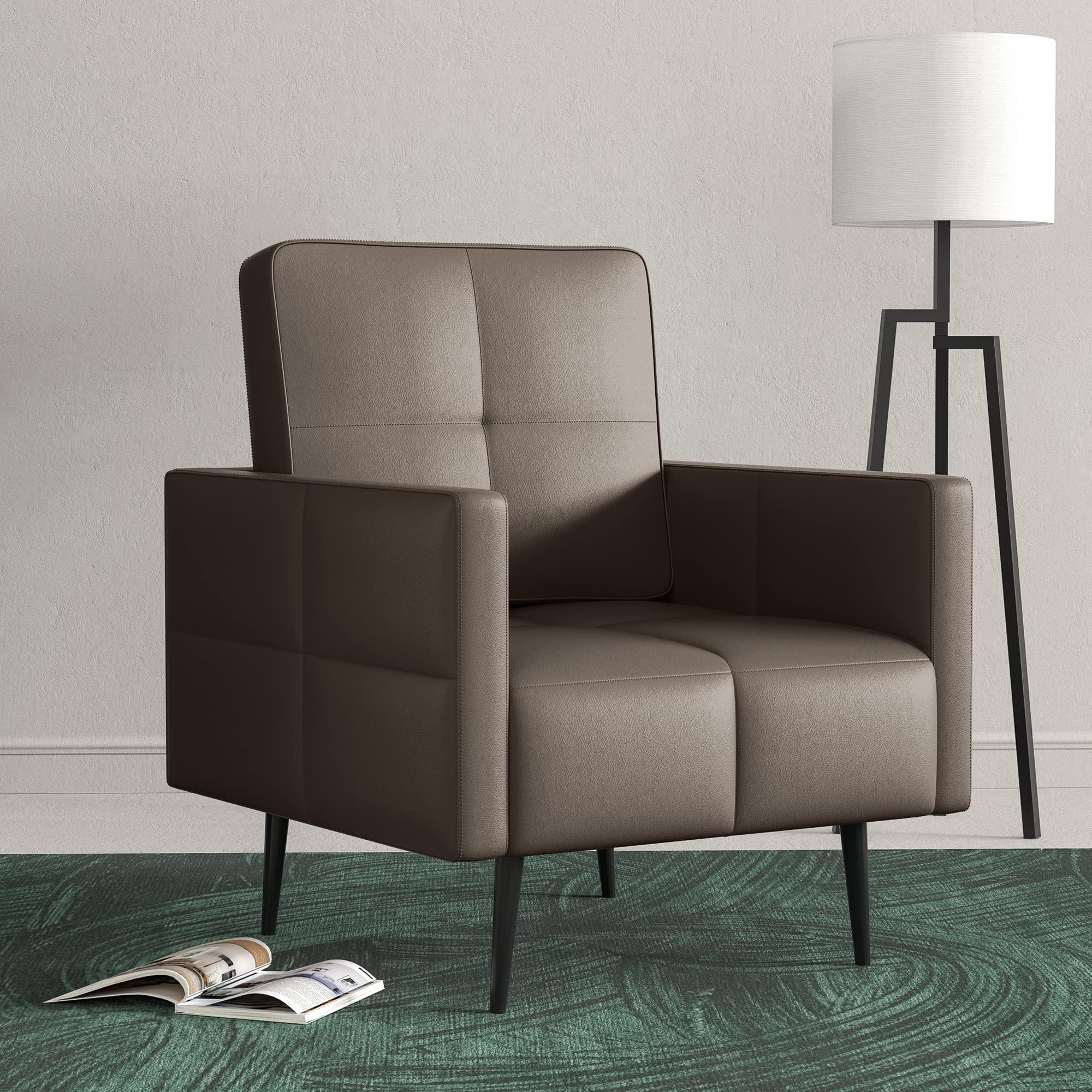 Cozy Castle Faux Leather Accent Chair, Modern Small Living Room Chair, Comfy Upholstered Club Chair, Single Sofa for Bedroom, Brown