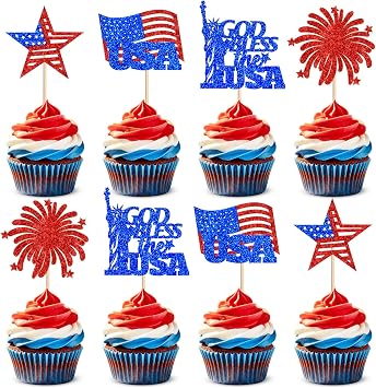 24Pcs Glitter Independence Day Cupcake Toppers God Bless The USA Cupcake Picks USA Flag Food Picks for Patriotic Birthday Cupcake Decorations America 250th Birthday Party