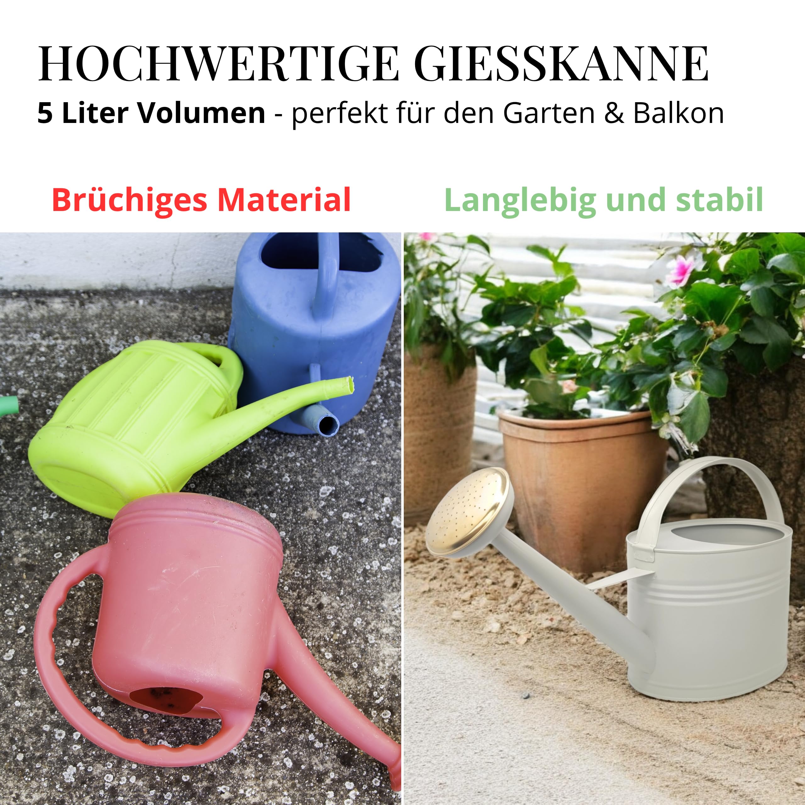 LIVLIG Gießkanne 5 Liter, Blumengießkanne für Garten & Balkon, Hochwertige Metallgießkanne 5L aus verzinktem Metall und Abnehmbarer Brause, Gießkanne Retro mit Messingbrause, Greige