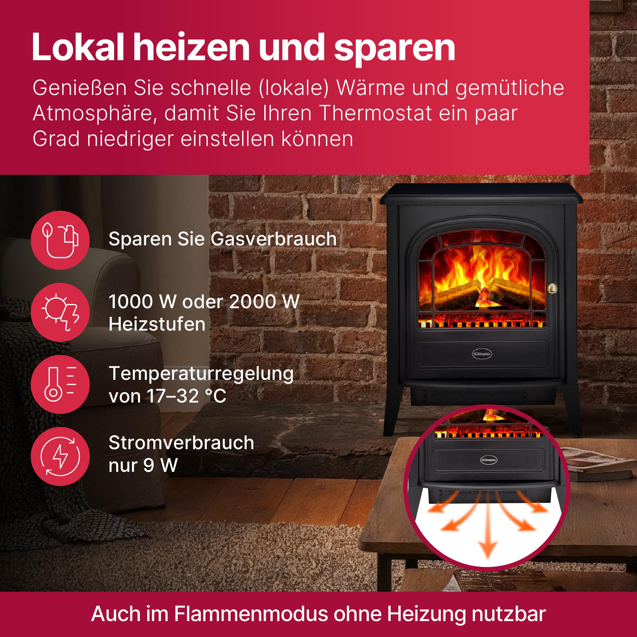 Dimplex Club Elektrokamin - Freistehender Elektrischer Kamin mit Holzscheit- Glutbett und Optiflame LED-Flammeneffekt - Zuschaltbarer 2kW Heizlüfter - Inklusive Fernbedienung