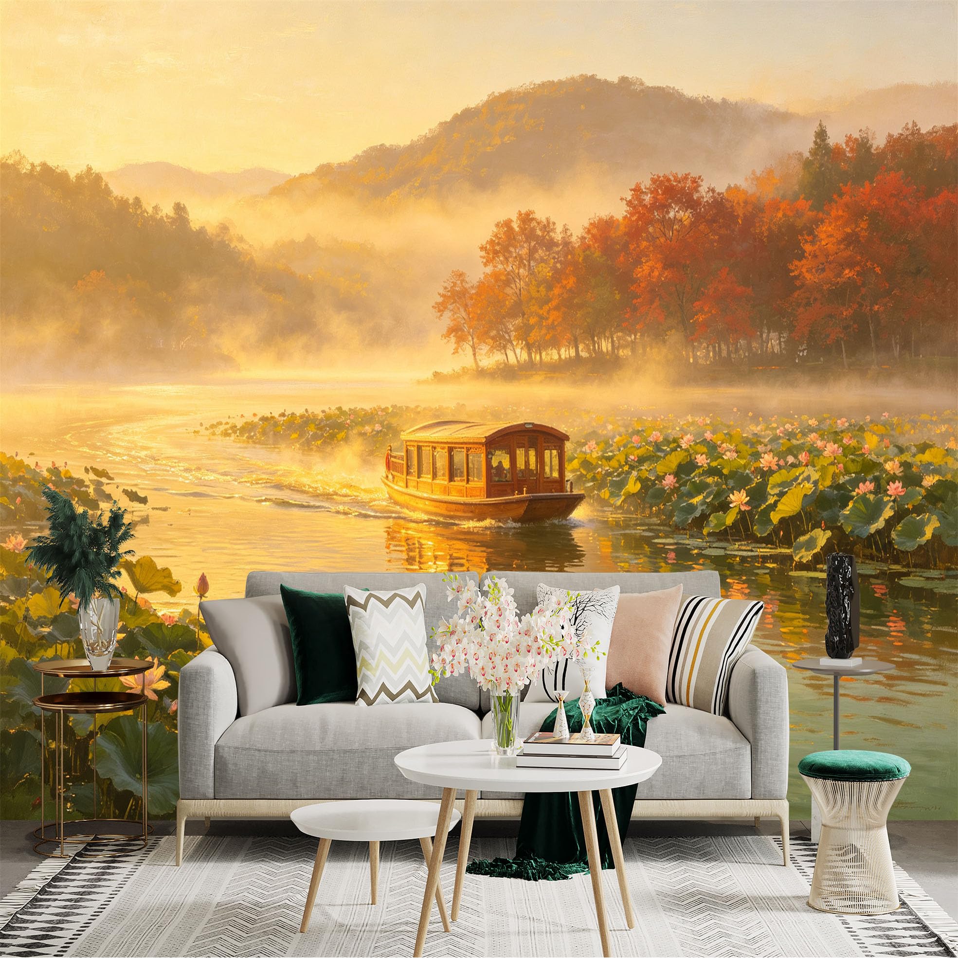 Custom Size Wall Sticker Mural， Wooden Boat on Misty Lake， Blooming Lotus Flowers， Golden Autumn Forest Scenery， for wall Decoration， peelandstick wall Decals.