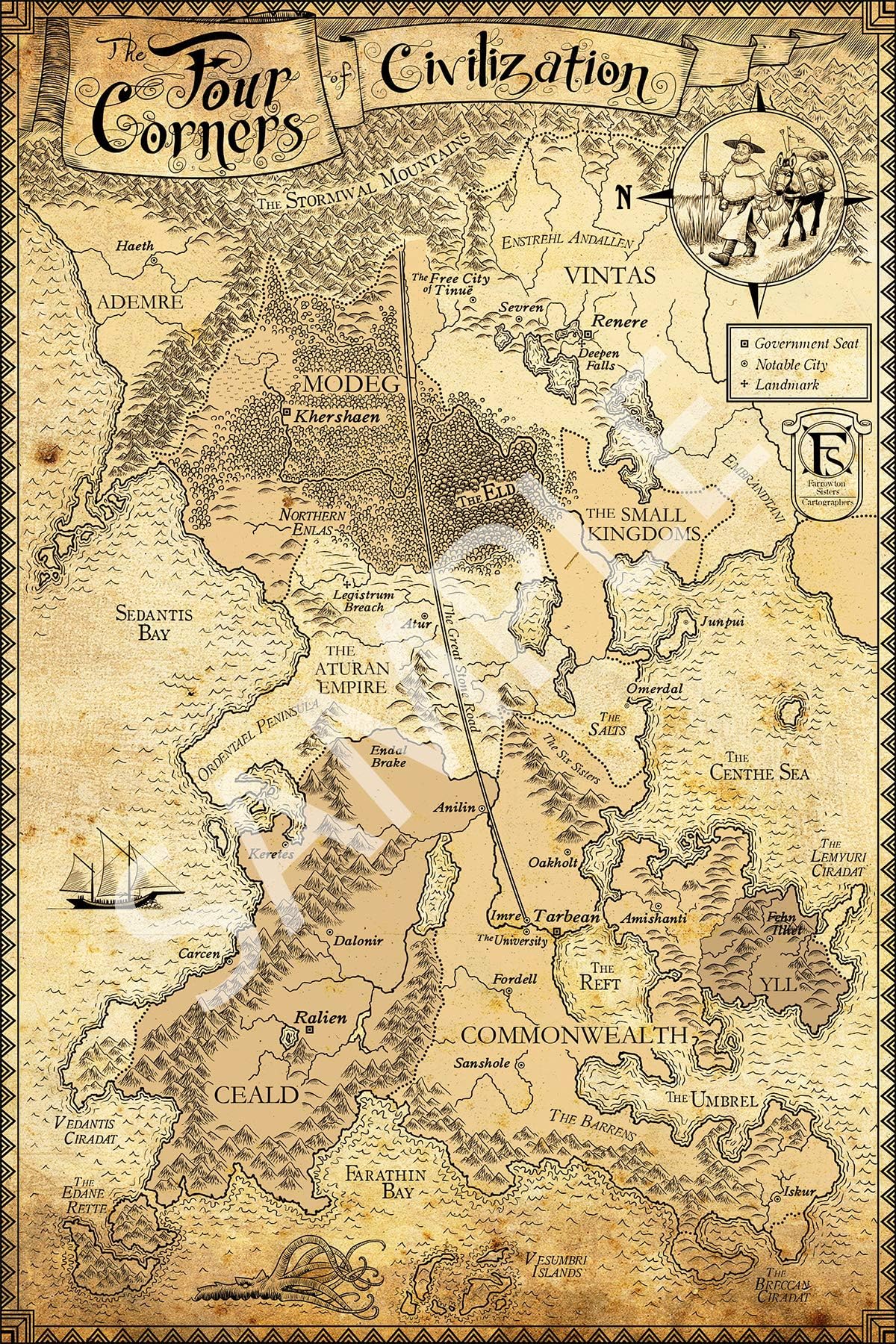 Best Print Store - Kingkiller Chronicles - The Four Corners of Civilization Map, Poster (11x17 inches)
