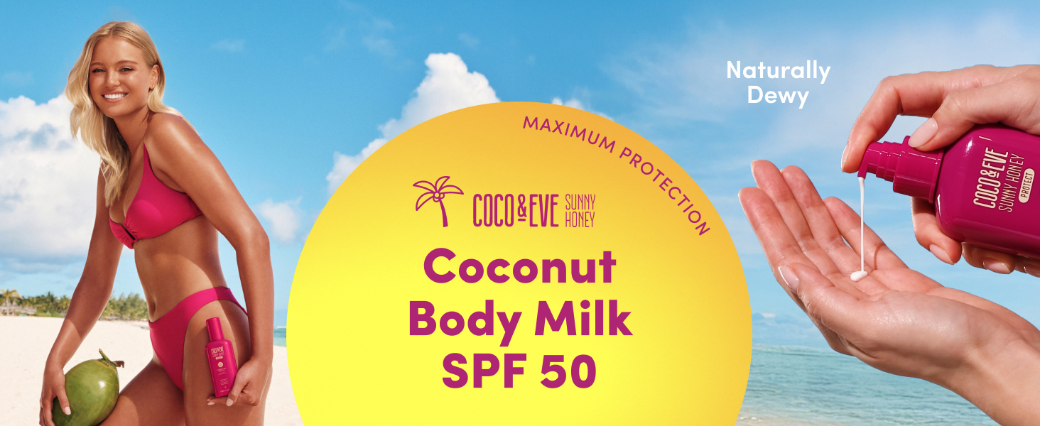 Coco & Eve Coconut Milk Body Sunscreen SPF 50 – Broad Spectrum UVA/UVB Sun Protection, Hydrating Daily Water-Based Lotion, Lightweight, Non-Greasy, Dermatologically Tested, 6.76 Fl Oz