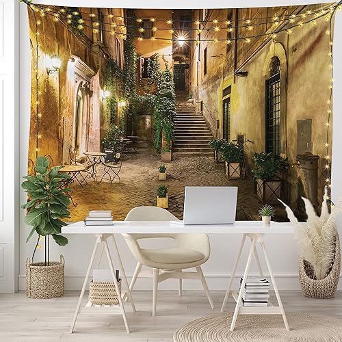 Miniatura 6 de Ambesonne Tapiz de paisaje urbano, vista nocturna al patio con sillas de café de calle, plantas en macetas, estampado de Roma, colgante de pared