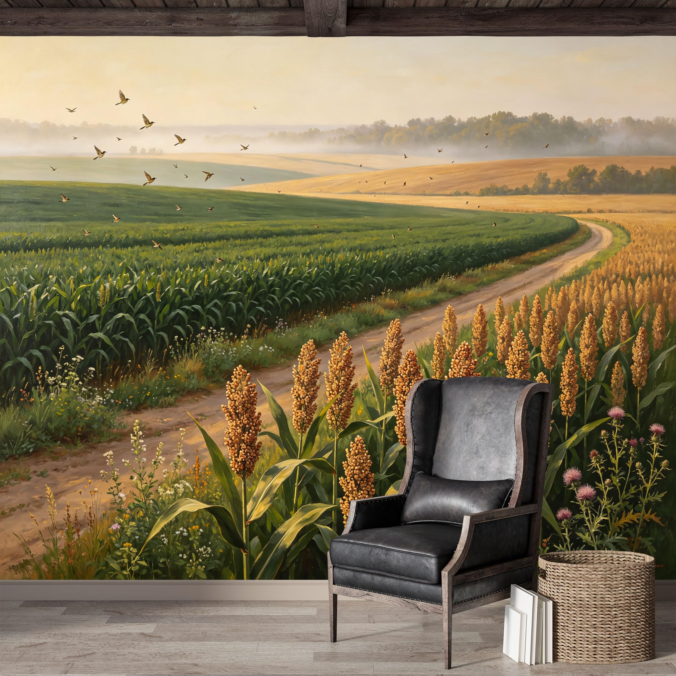 Custom Size Wall Mural,Rural Landscape Sorghum Field with Flying Birds Oil Painting Premium Water Activated SelfAdhesive Wallpaper,Removable Wall Covering for Indoor Home Decor