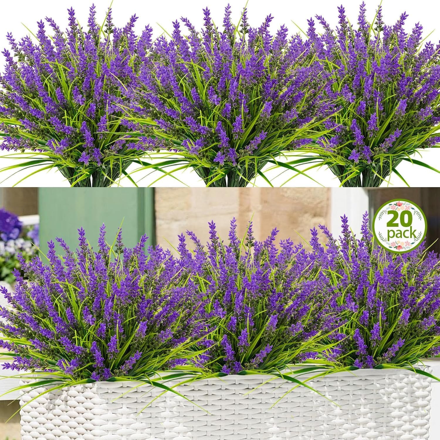 20 Bundles Artificial Plants Outdoor Fake Monkey Grass Shrubs with Flowers, UV Resistant Faux Lavender Flowers Plastic Plants for Garden Window Patio Hanging Planter Home Summer Decor(Purple)