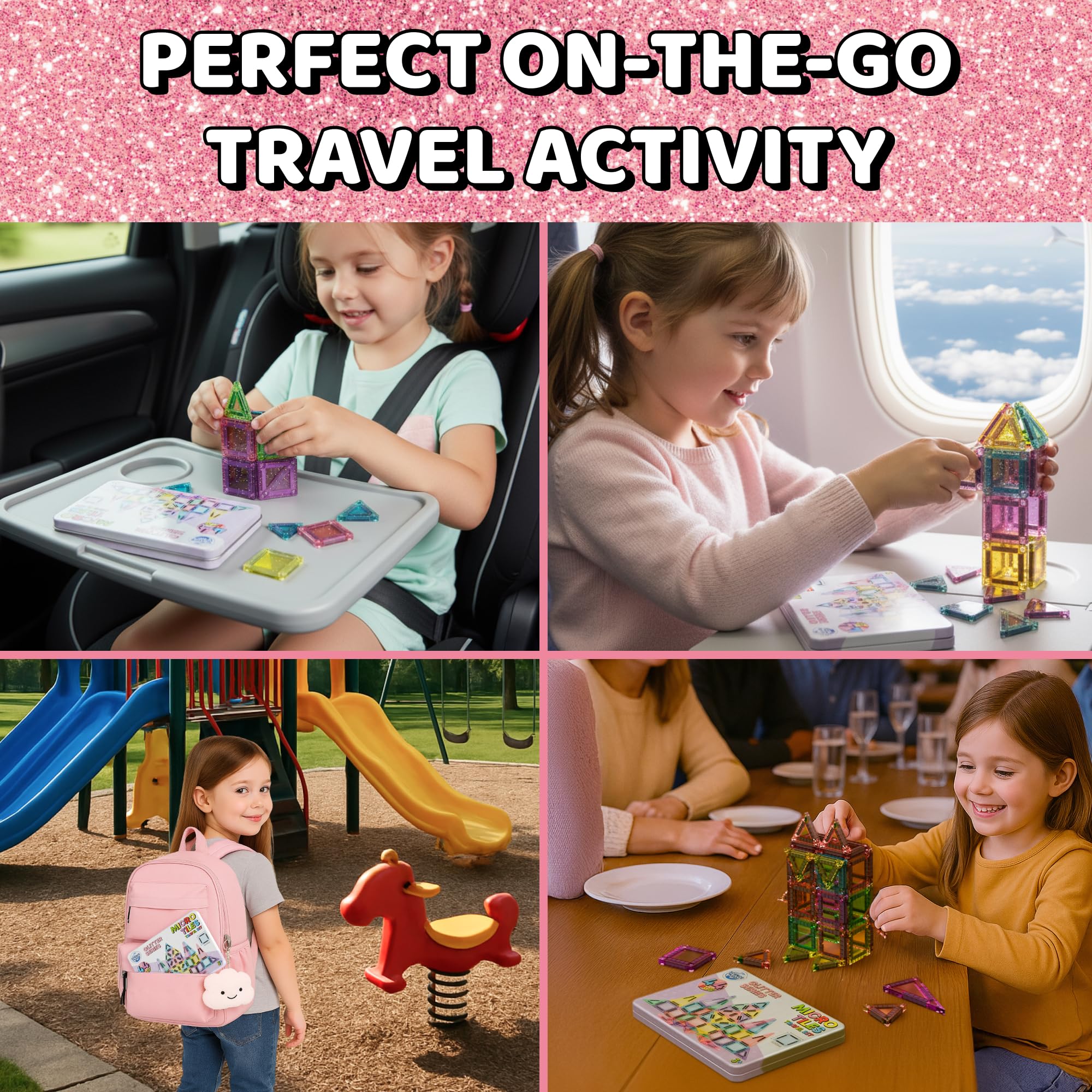 Science Kidz 44-Piece Glitter Series Mini Magnetic Tiles Travel Set, 44 Magnet Building Tiles & Storage Tin - Image 3