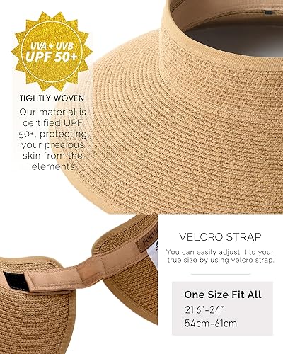 Miniatura 7 de FURTALK - Sombreros enrollables de paja para mujer, con visera ancha, para la playa, para usar con cola alta en el cabello, FPU contra rayos