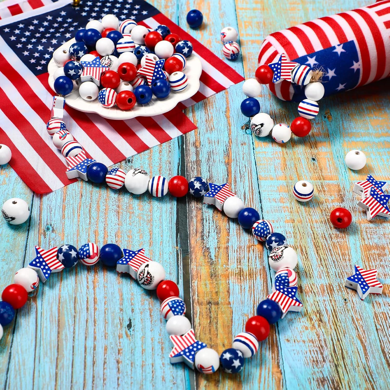 Chunful 300 Pcs 4th of July Wood Beads 250th Anniversary Patriotic Red White and Blue America Flag Star Charm Memorial Day Wooden Craft Beads for Independence Day DIY Jewelry Making, 9 Design