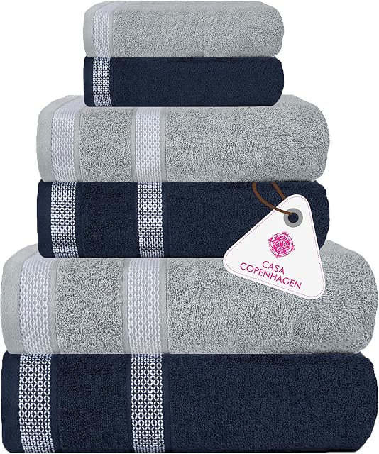 Casa Copenhagen Solitaire Mix 6 Ensemble de serviettes en pièces - Violette grise + La marine, 600 GSM Serviette de bain Serviette à main, Conçu au Danemark en coton égyptien doux pour la salle de bains, cuisine & Douche