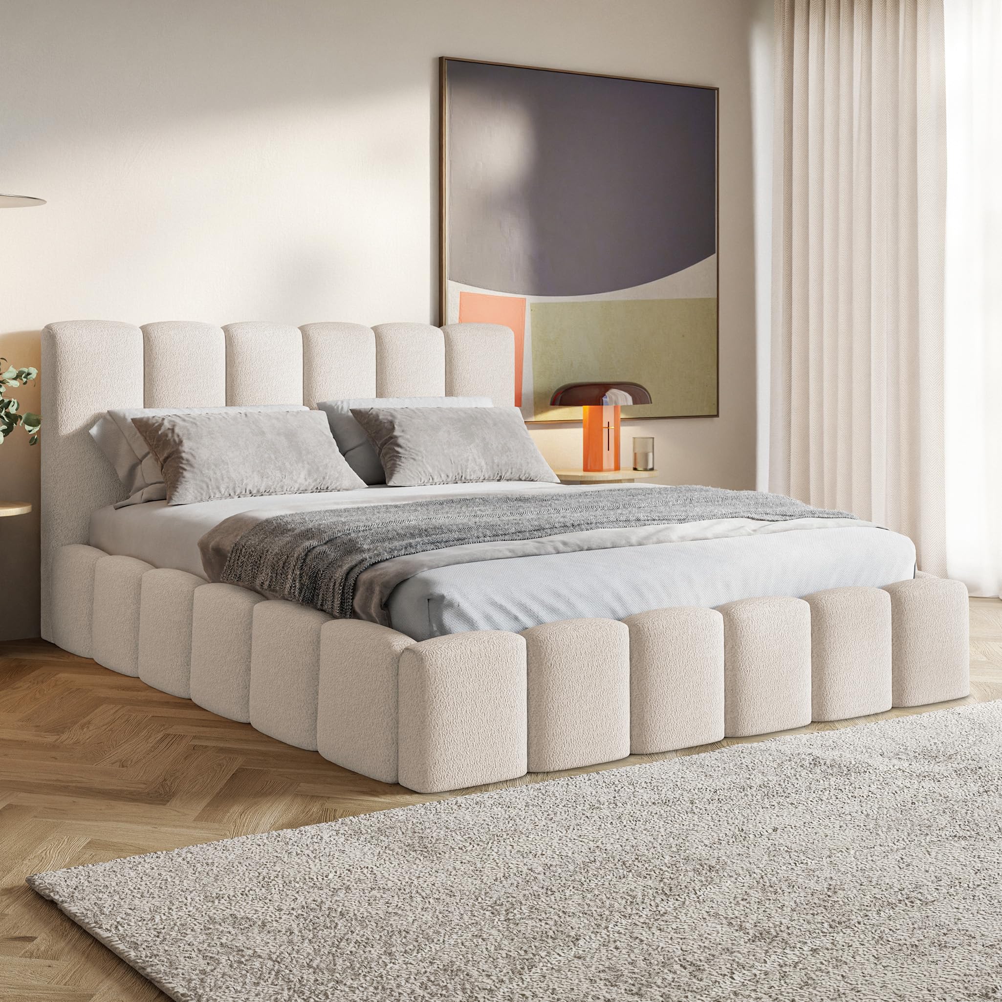 MOTIVENA Nunu Bubble Bett 180x200 Beige Boucle, mit Stauraum, mit Kopfteil, mit Lattenrost, ohne Füße, ohne Matratze, Bubble Polsterbett 180x200 mit Bettkasten Beige