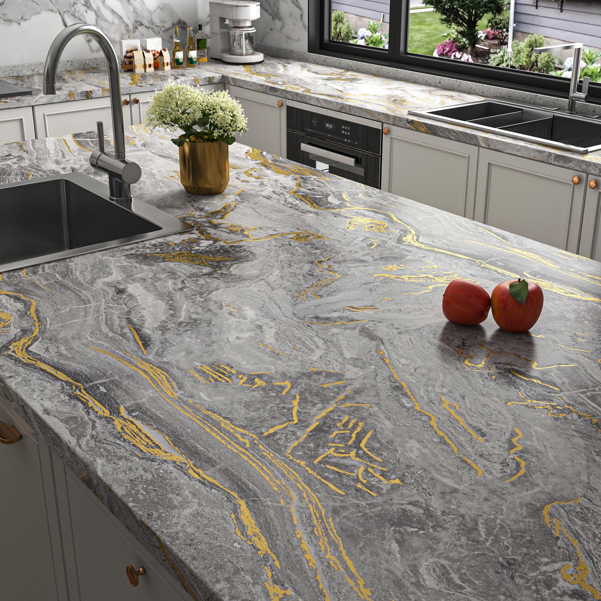 Stickyart Carta Adesiva Per Mobili Marmorizzata Grigio Dorato 60cmX400cm Carta Da Parati Cucina Lavabile Pellicola Adesiva Per Mobili Marmo Oro Adesivi Murali Soggiorno Rivestimento Armadio Adesivo