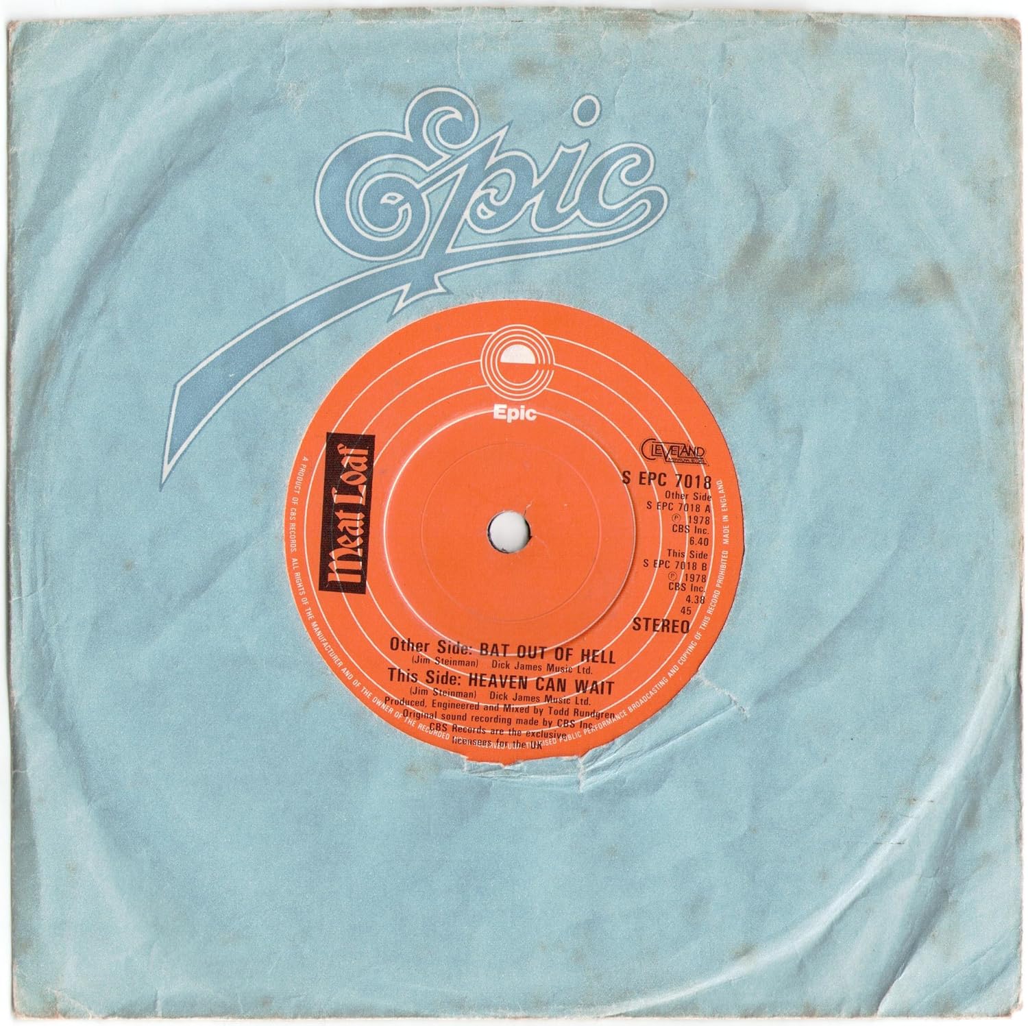 Meat Loaf Bat Out Of Hell 7" Single 1978 Epic S EPC