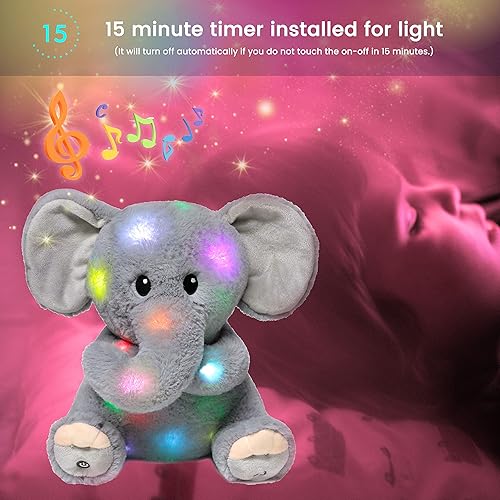 Miniatura 6 de Hopearl Elefante de peluche musical LED que ilumina y canta, volumen ajustable, canción de cuna, animado, calma, festival, cumpleaños, para niños