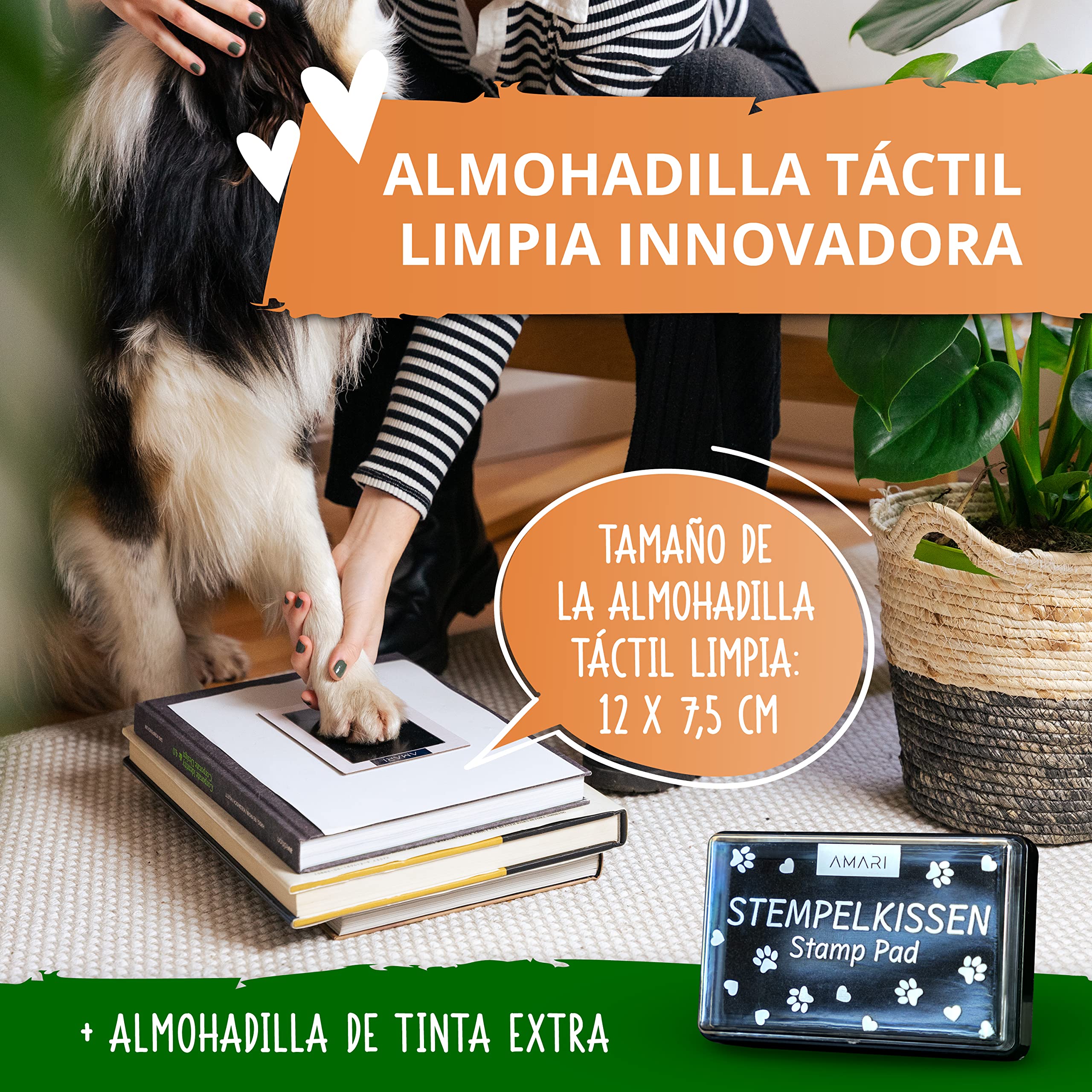 AMARI ® Kit de estampado de mascotas con 2 tampones y 4 tarjetas de estampado - huella perro - paw print stamp pad - kit impresión huella perro - sello huellas de perro con tinta