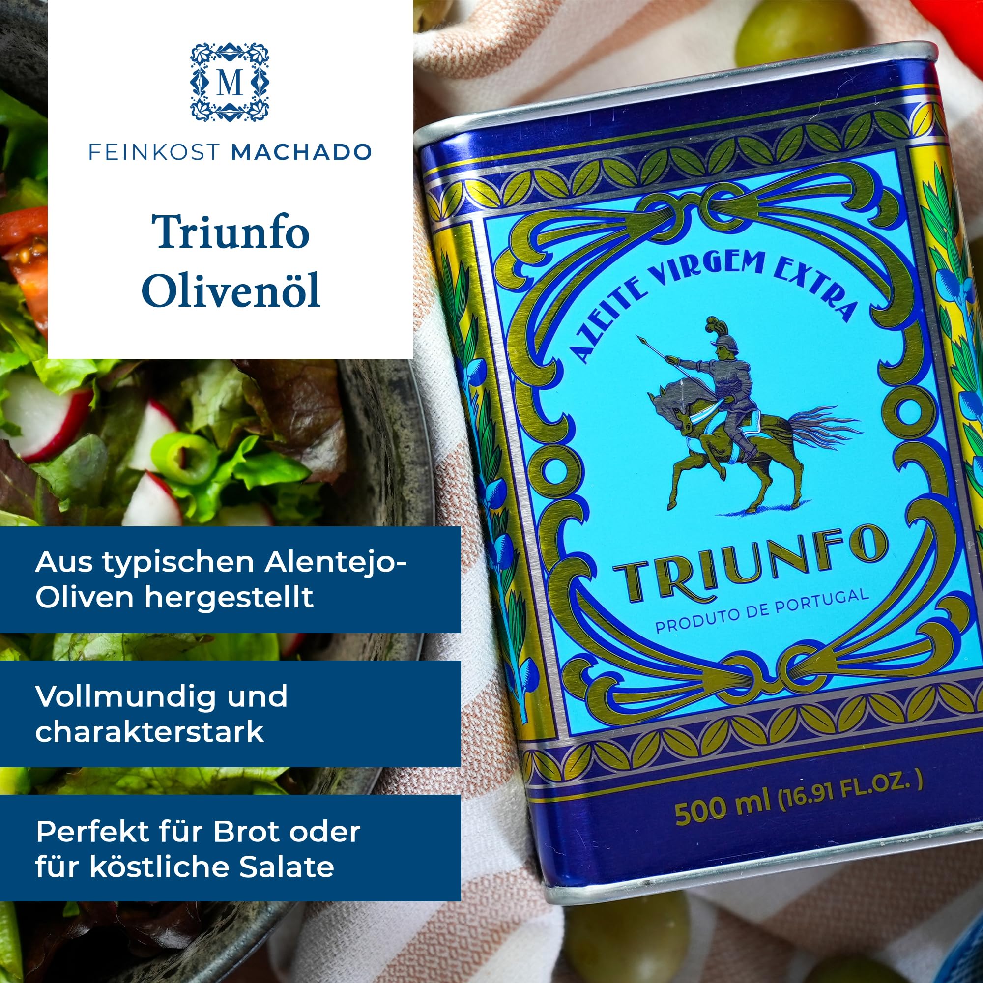 Feinkost Machado Olivenöl 6x 500ml (je 2x) – Probierset | Natives Olivenöl Extra aus Portugal (Triunfo, Santa Maria, Saloio) | Hochwertiges Olivenöl für Salate, Kochen, Braten & mediterrane Küche