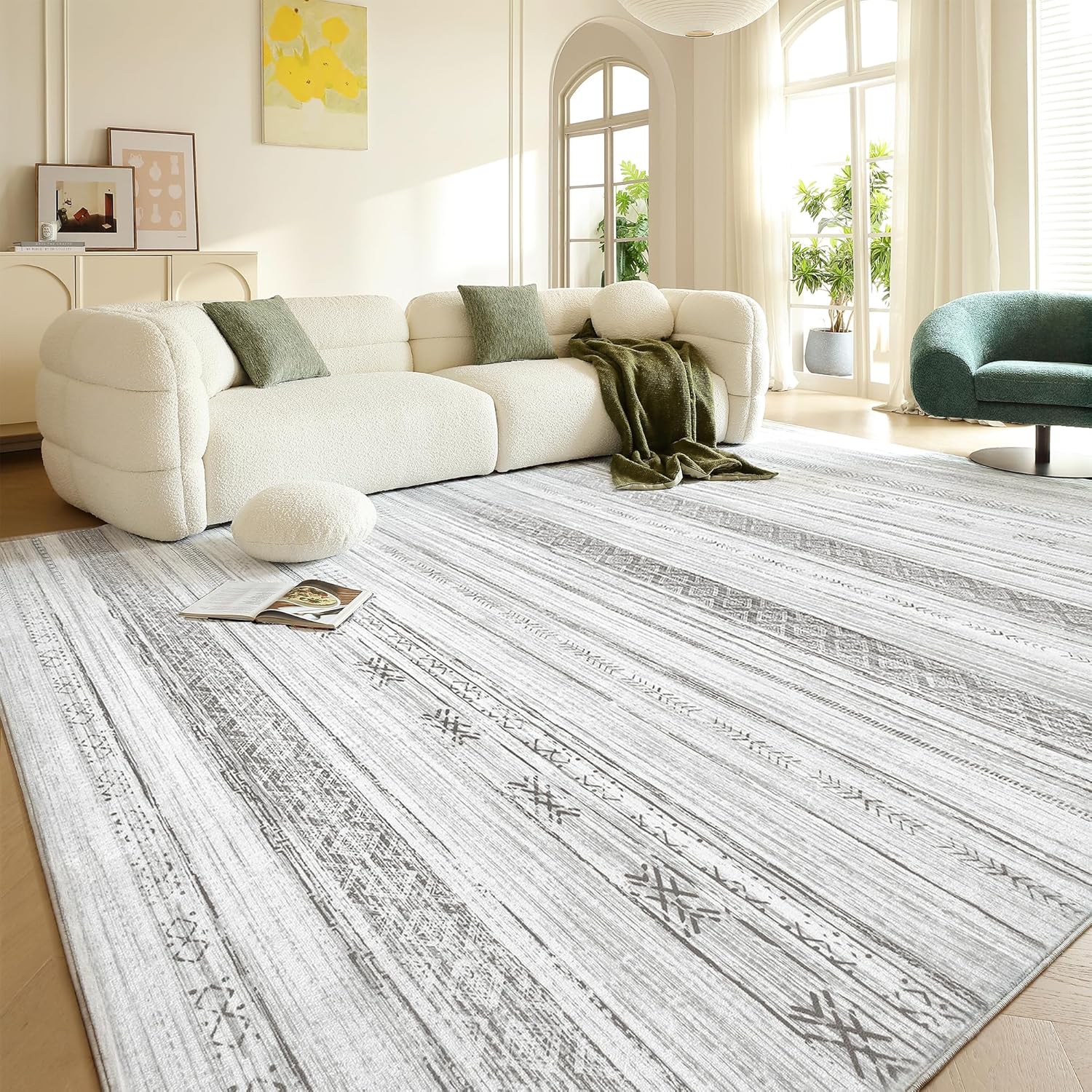 Area Rugs for Living Room: 8x10 Washable Boho Rug for Bedroom Large Neutral Bohemian Moroccan Farmhouse Geometric Dining Room Rugs Ultra Soft Floor Carpet Indoor for Home Office - Grey Ivory 8' x 10' (Rectangular) Grey Ivory